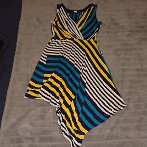 Signature by Sangria Asymmetrical Dress in Blue, Yellow, and White